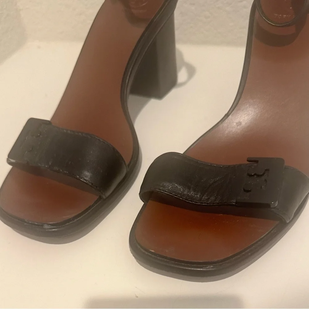 Tory Burch Gabrielle Ankle Strap Block Heel Sandal Black Leather Size 7.5
